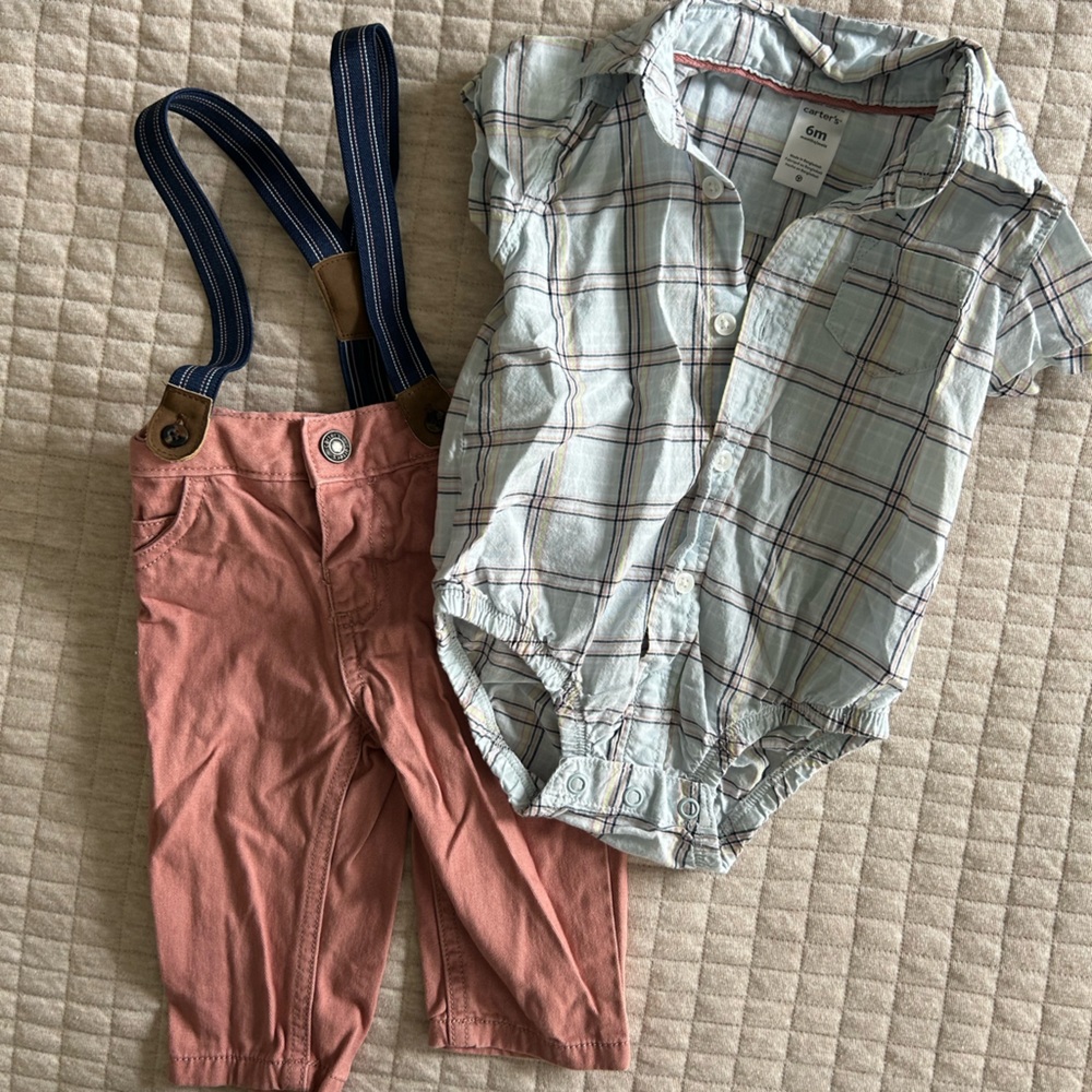 Carter's Pink Pant with Blue Suspenders and plaid button down shirt set